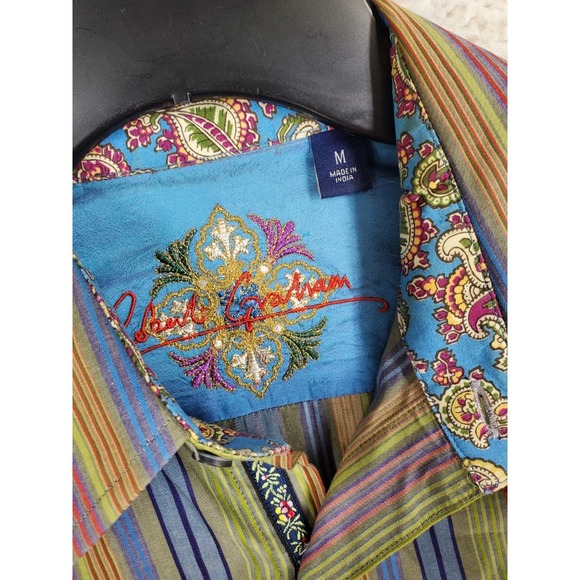 Robert Graham Dress Shirt Mens M Blue Green Red Colorful Striped Flip Cuffs LS - Picture 2 of 11